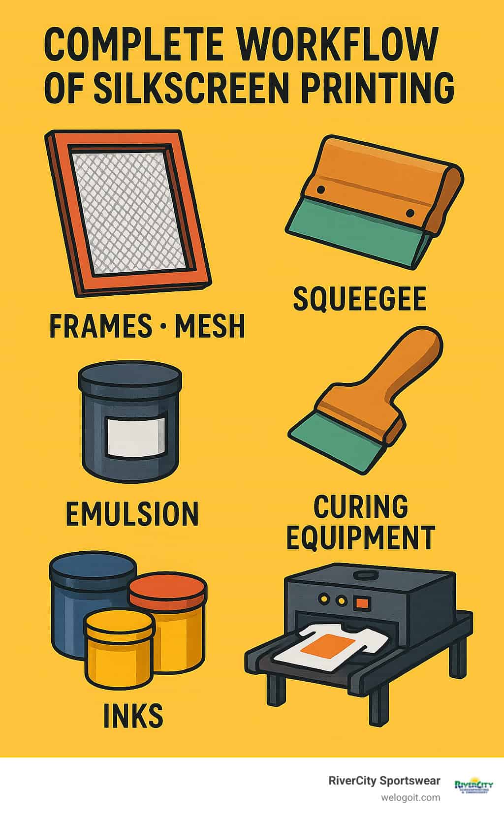 Complete workflow of silkscreen printing showing frames, mesh, emulsion, squeegee, inks and curing equipment with detailed labels for each component - materials used in silkscreen printing infographic 
