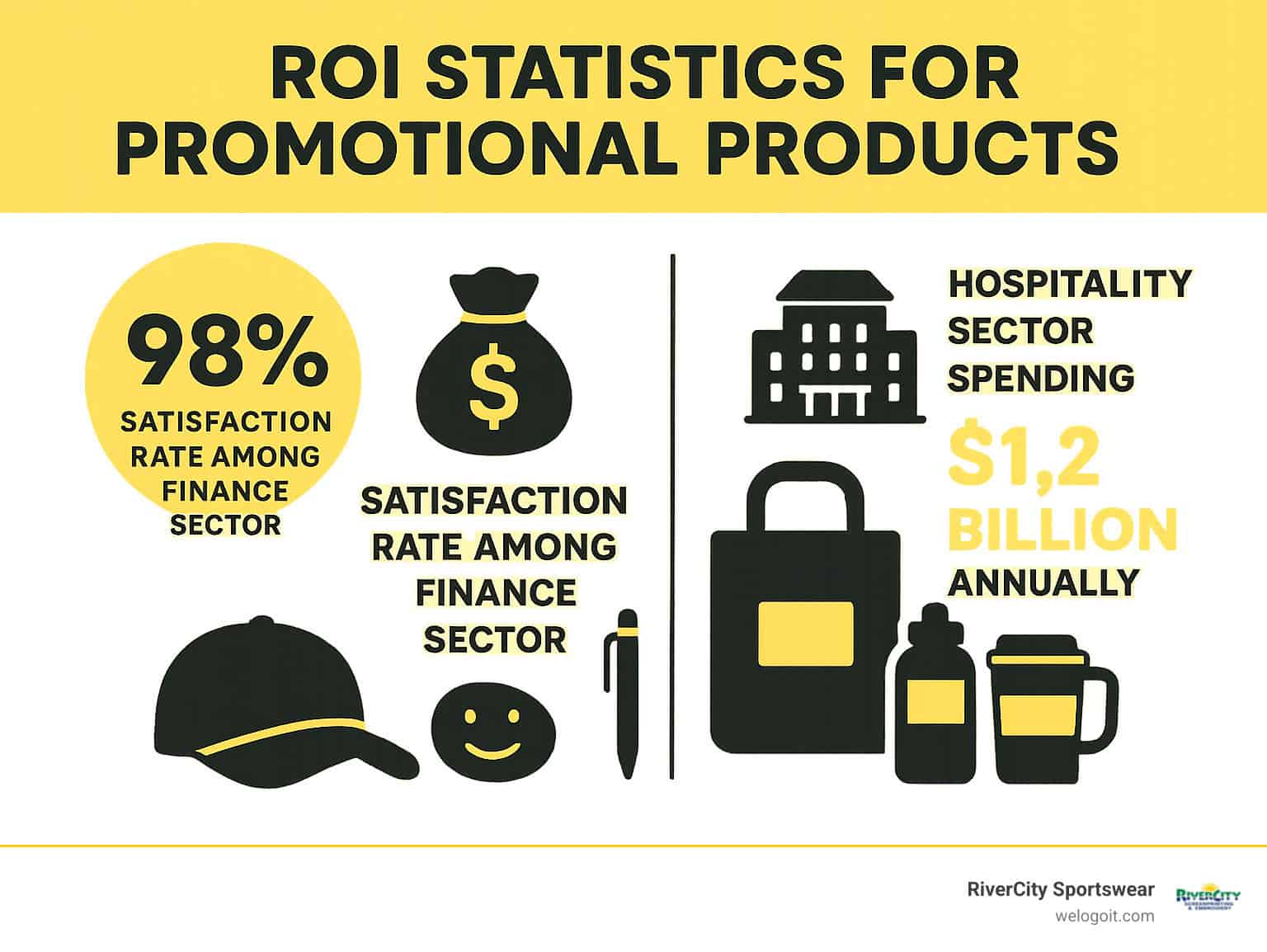 ROI statistics for promotional products showing 98% satisfaction rate among finance sector and hospitality sector spending $1.2 billion annually - discount promotional products san marcos ca infographic ROI statistics for promotional products showing 98% satisfaction rate among finance sector and hospitality sector spending $1.2 billion annually - discount promotional products san marcos ca infographic