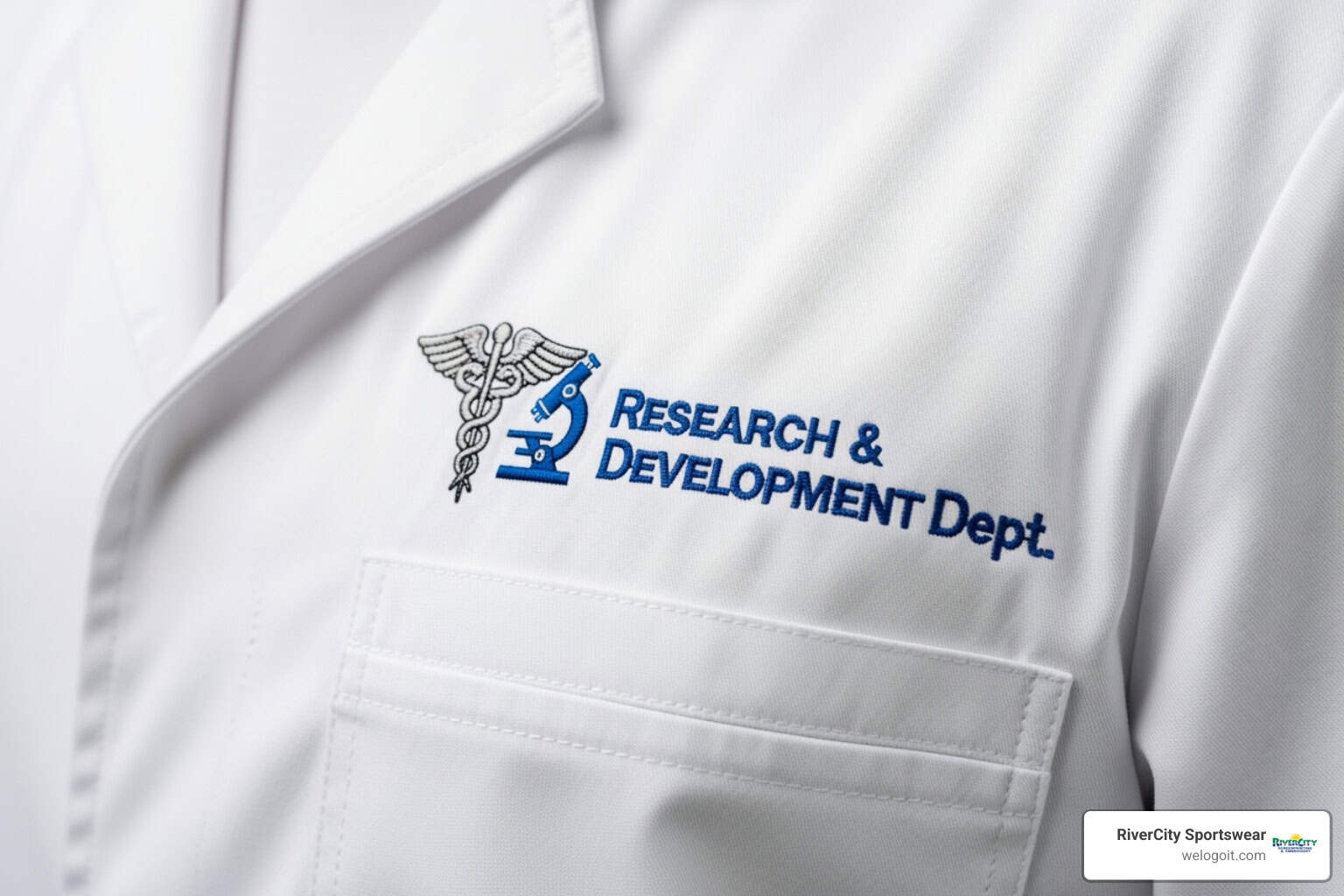 embroidered-lab-jacket-complete-guide-image Medical research department embroidered on white lab coat, symbolizing healthcare and scientific advancements.